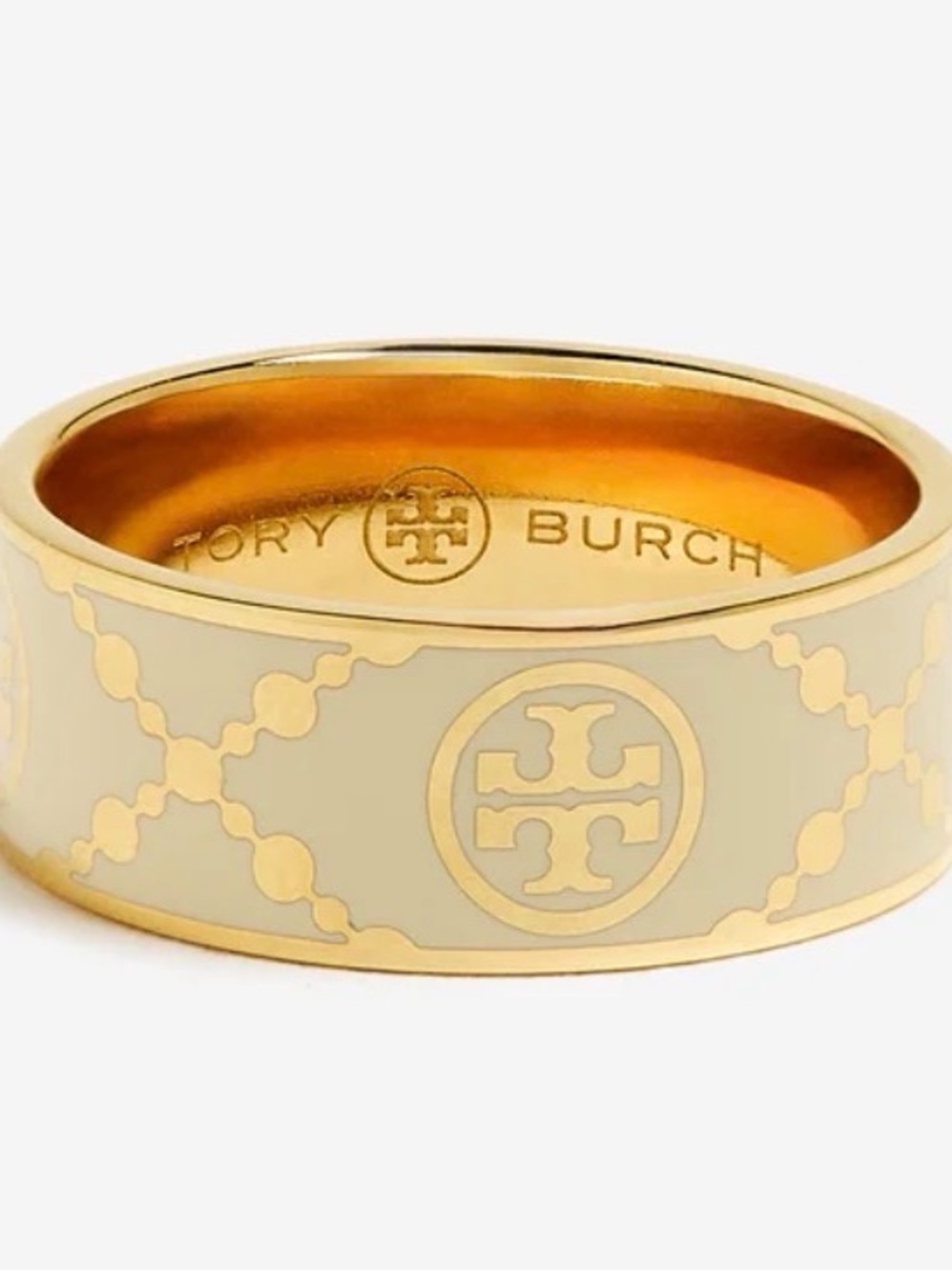 Tory Burch Cream Enamel Gold Tone Double T Logo Wide Band Ring Size 7